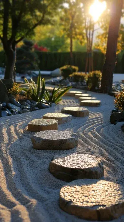 Stepping stones through a calm zen garden in golden light